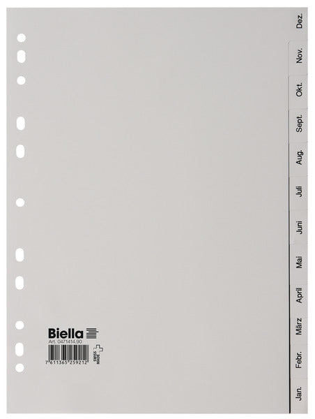 Biella Register A4 – Monate Dez.–Jan., 12 Taben, PP, Grau, 4-fach