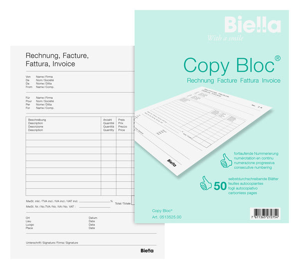 Biella Formularblock – Rechnung, mehrsprachig, 50 Blatt, A5