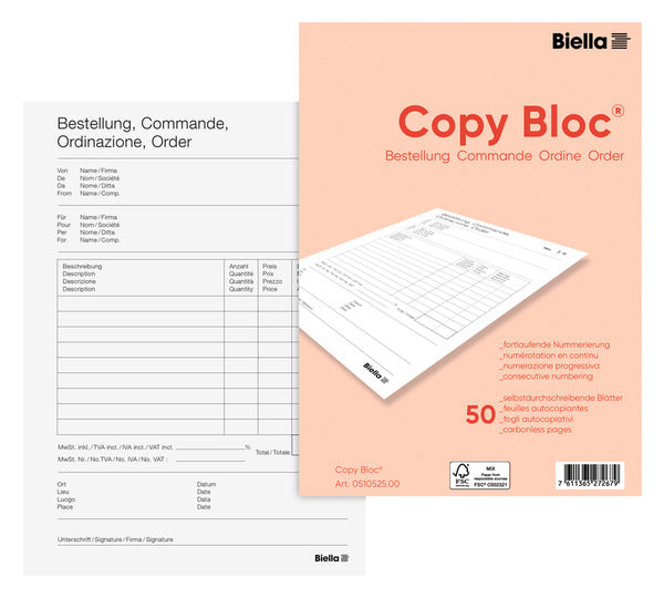 Biella Durchschreibeblock – Bestellschein, mehrsprachig, 50 Blatt, A5