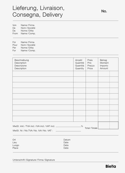 Biella Formularblock – Lieferschein, mehrsprachig, 50 Blatt, A5