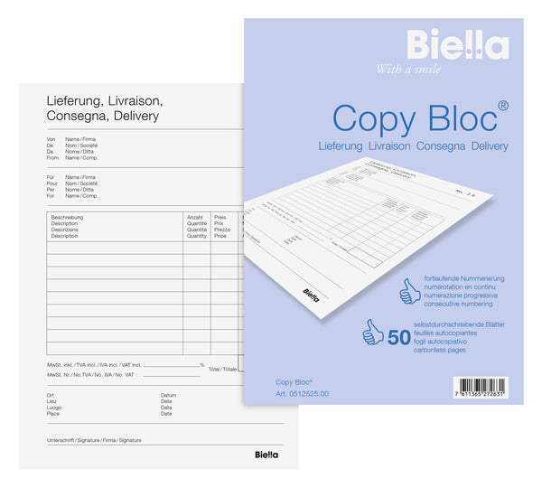 Biella Formularblock – Lieferschein, mehrsprachig, 50 Blatt, A5