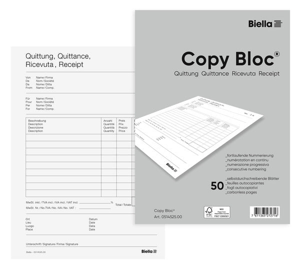 Biella Formularblock – Quittungen, mehrsprachig, 50 Blatt, A5