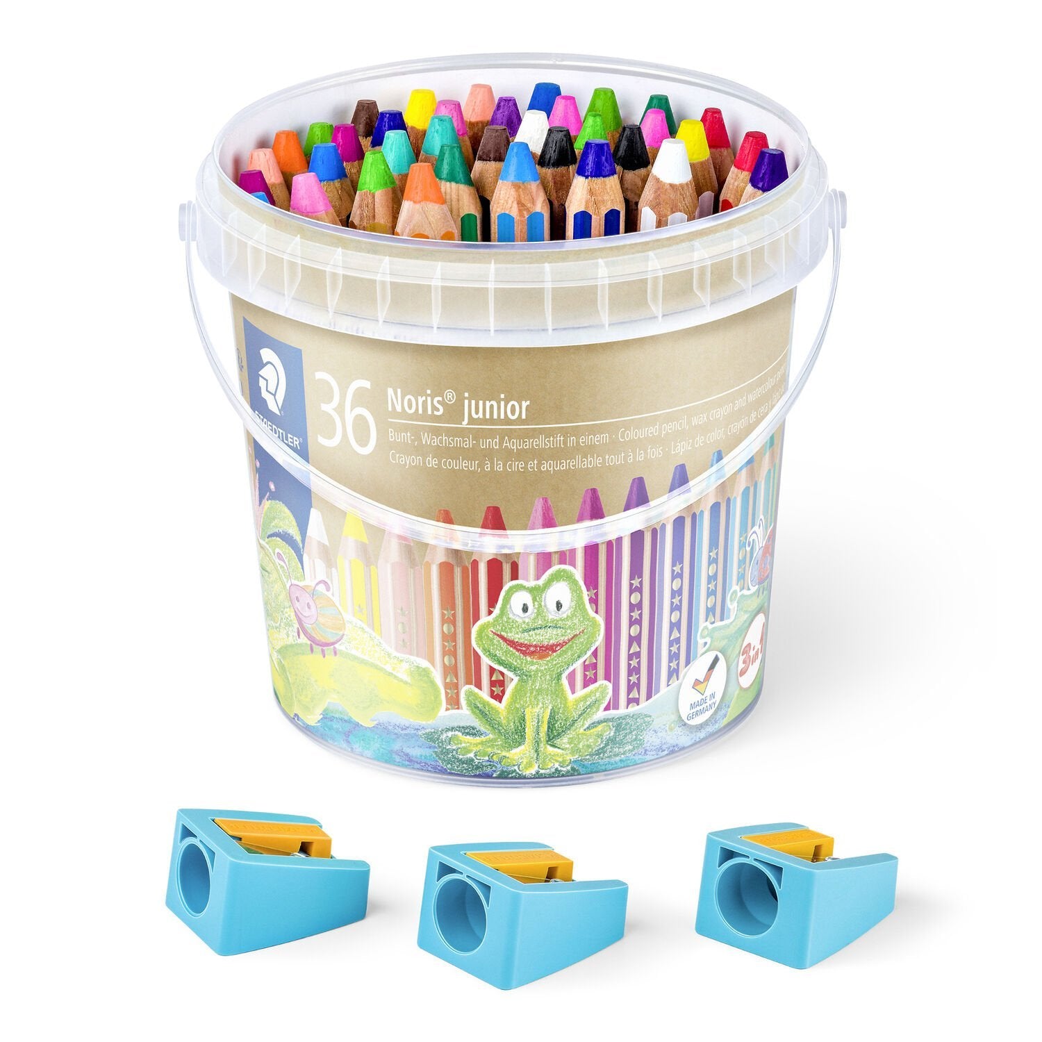 Staedtler Noris junior Buntstifte – 3-in-1, sechskantig, Minendurchmesser 10 mm, 36 Stifte, im Eimer, mit 3 Spitzern
