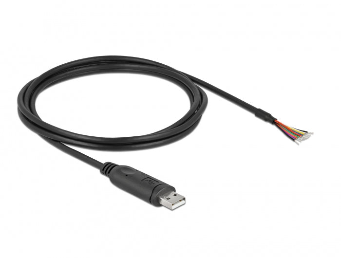 DeLOCK Adapterkabel USB-A zu RS-232 – USB 2.0 (480 Mbit/s), 2 m, 9 offene Kabelenden, geschirmt, Schwarz