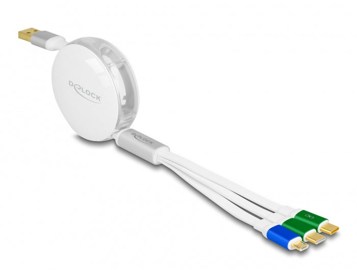 DeLOCK Multi-Kabel – 3-in-1 USB-A auf USB-C/Micro-USB 1,13 m, aufrollbar, weiss