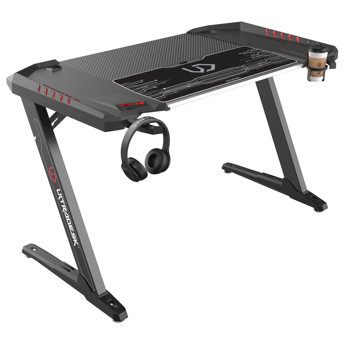 Ultradesk Rollbarer Computertisch, LED-Hintergrundbeleuchtung, Kopfhörer-Haken, 1'290×780×785 mm, Schwarz