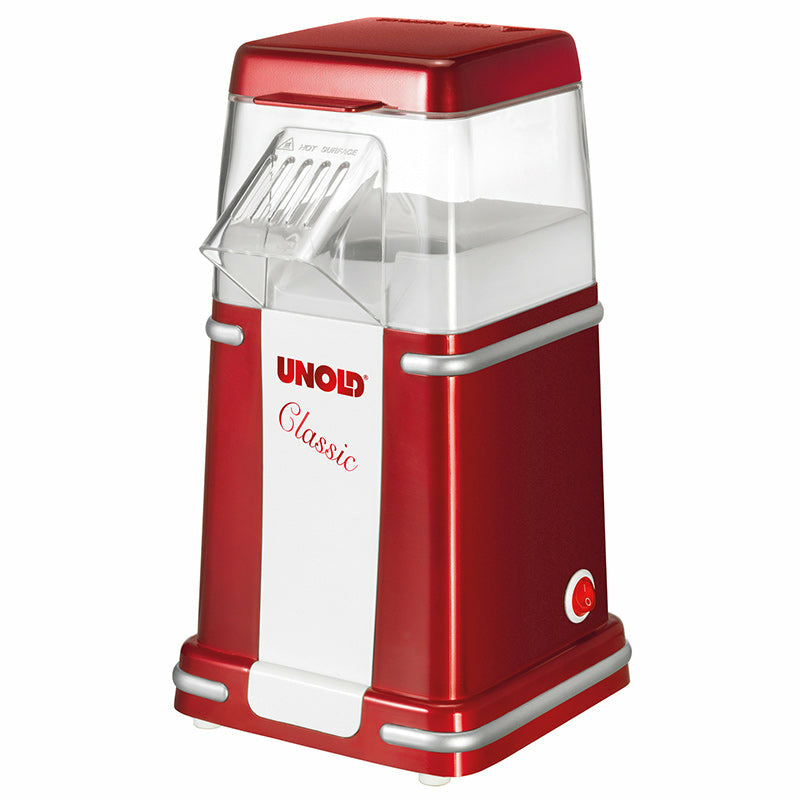 Unold Popcornmaschine Classic 48525 – 100 g, 900 W, Deckel als Messbecher – rot/silber/weiss