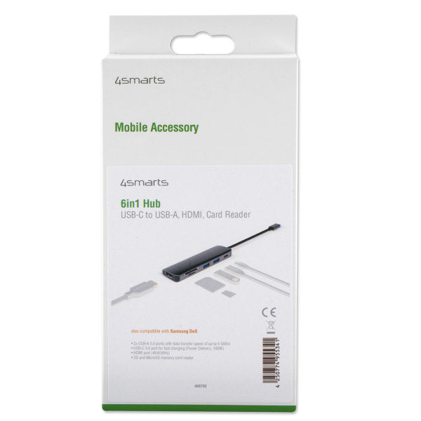 4smarts 4S468782 Multiport-Adapter – USB-C, 1× HDMI, 2× USB-A, 100 W PD, SD/microSD, für Geräte mit USB-C