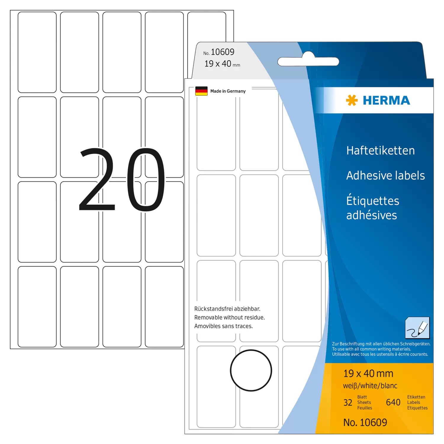 HERMA Schuletiketten – 19×40 mm, Abgerundete Ecken, 480 Stk, 24 Bogen, Papier, Ablösbar