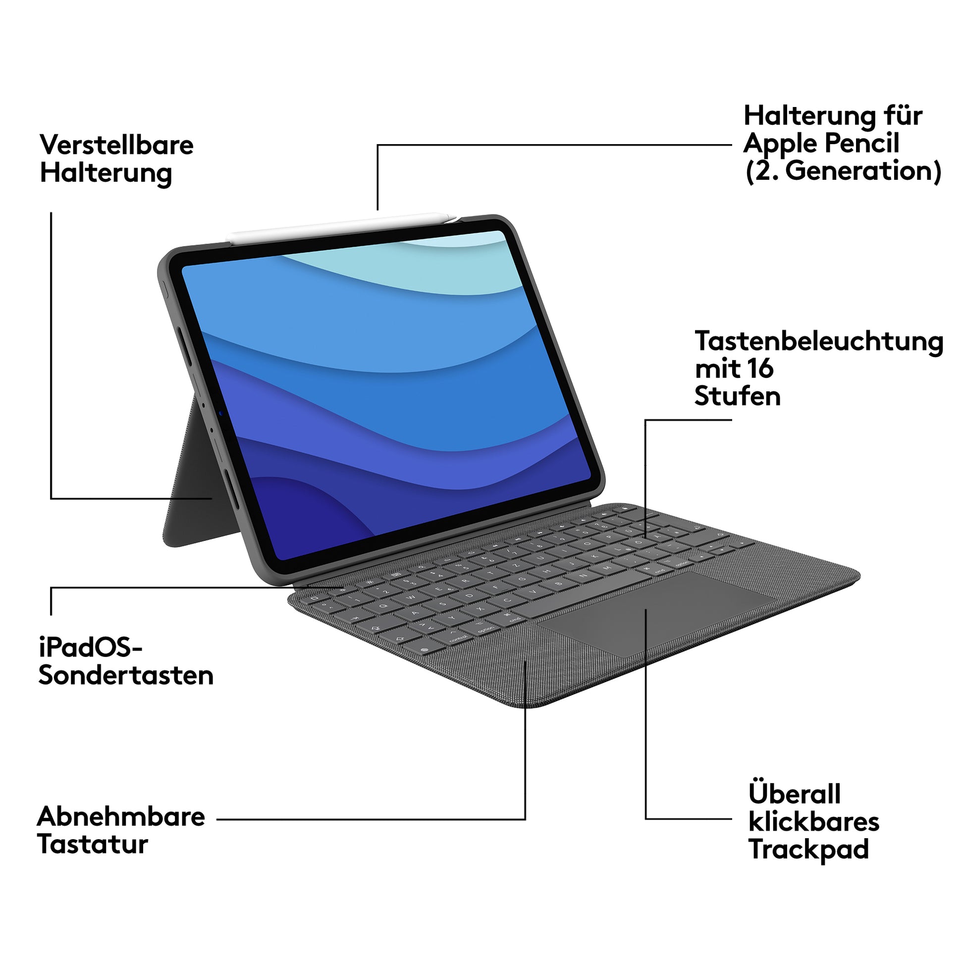 Logitech Combo Touch – Tastatur, UK-Layout (EN), mit Touchpad, Grau – für iPad Pro 11"