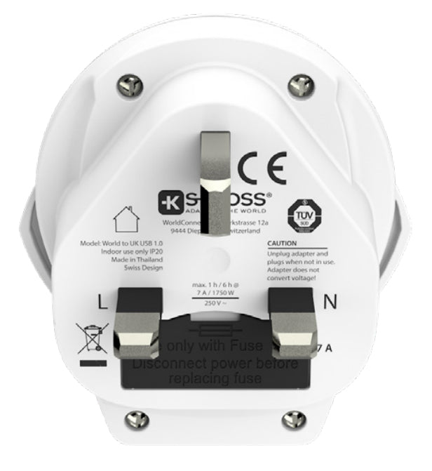 Skross Reiseadapter – 1× USB 5 V/2,4 A, max. 1750 W, 3-polig, geerdet – von Typ C/B/I → Typ G (VK) – weiss