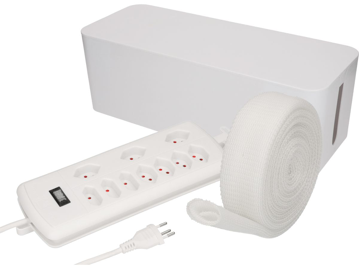 Max Hauri AG Max Hauri Kabelbox – mit Steckerleiste (7 AC-Ausgänge), Ein-/Ausschalter – Kunststoff – Weiss – 138 × 155 × 40