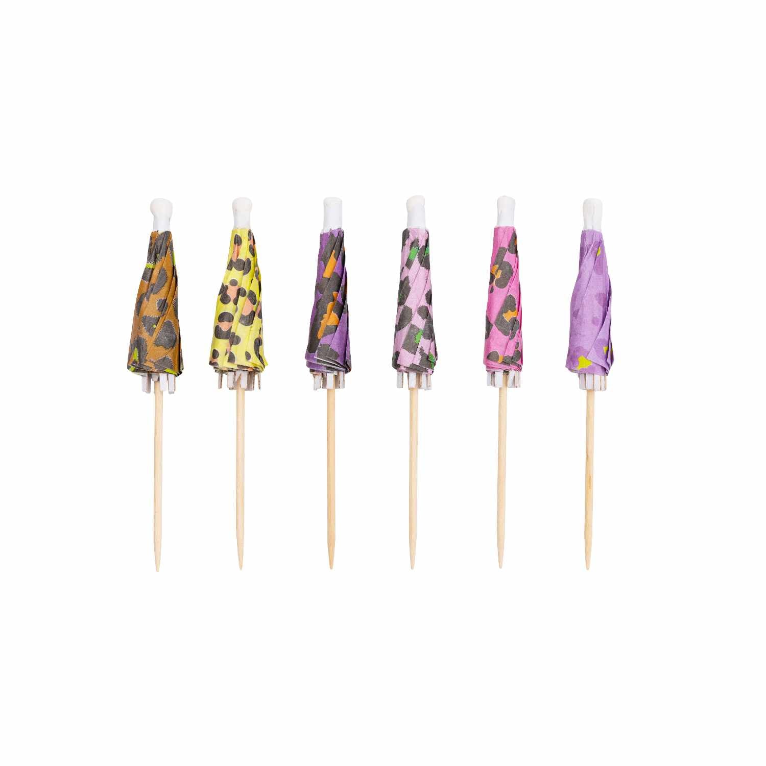 Rico Design Party-Piekser Schirmchen Leo – mehrfarbig – Ø 8,3 cm × 10 cm – Papier/Holz – 12 Stk