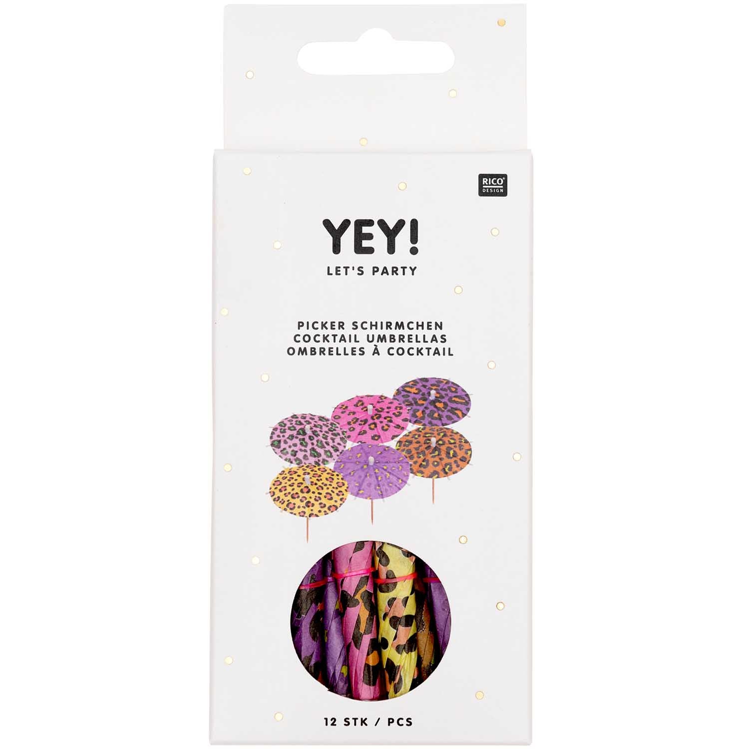 Rico Design Party-Piekser Schirmchen Leo – mehrfarbig – Ø 8,3 cm × 10 cm – Papier/Holz – 12 Stk