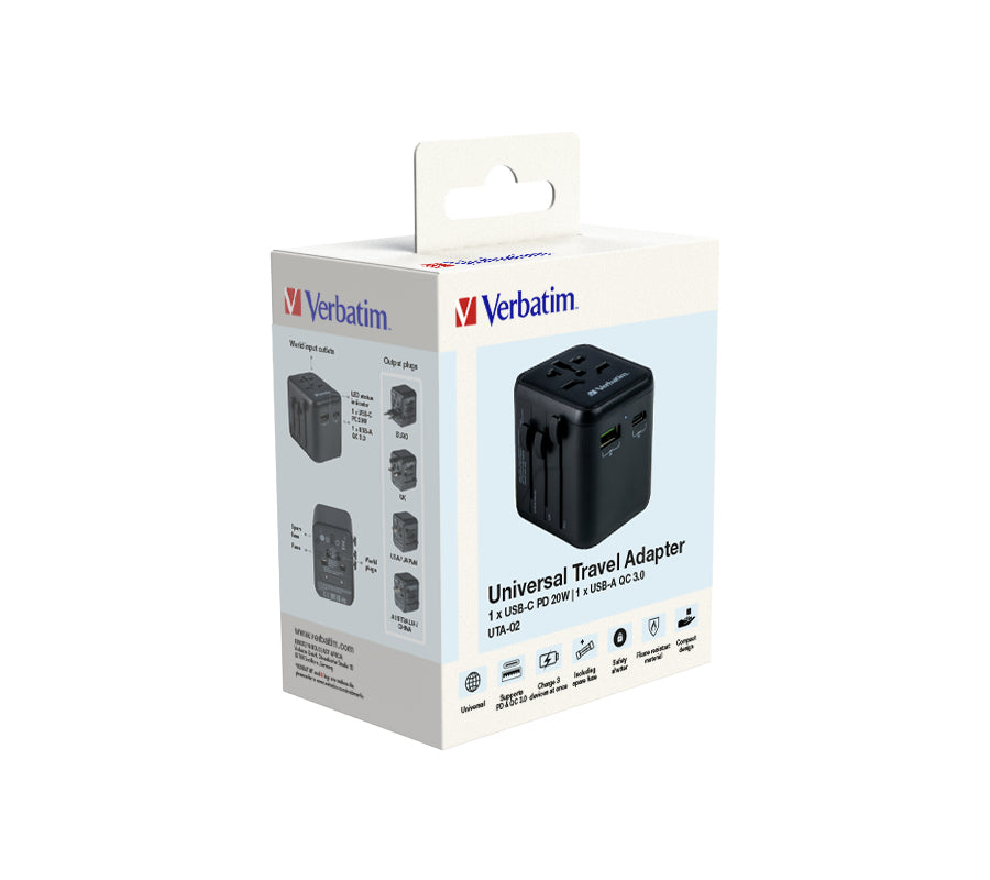 Verbatim Reiseadapter – 100–250 V, 2'500 W, 2x USB (PD20W) – von Typ A/B/C zu Typ E/F/G usw. – schwarz
