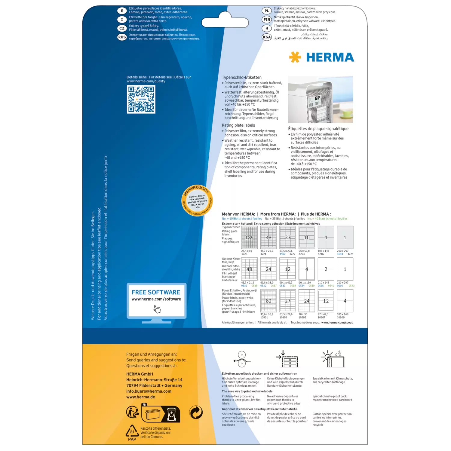 HERMA Drucketiketten, 96 mm × 51 mm, silber, Folie, extra stark, 25 Blätter (250 Etiketten)