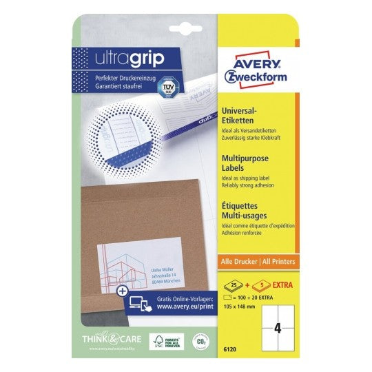 Avery Druckeretiketten, 105 mm × 148 mm, weiss, Papier, permanent, 30 Blätter (120 Etiketten)