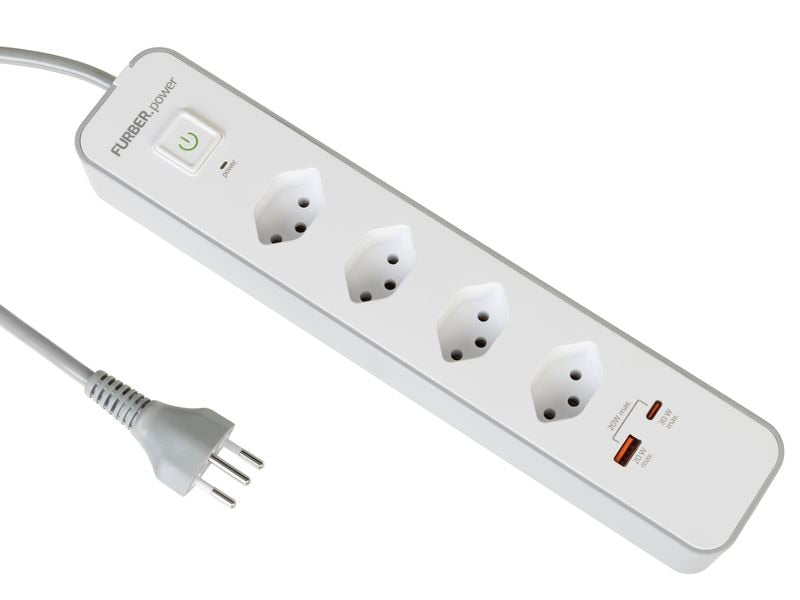 Furber. F.power Steckdosenleiste – 4× T13, USB‑A/C, 1,5 m, mit Schalter, Weiss