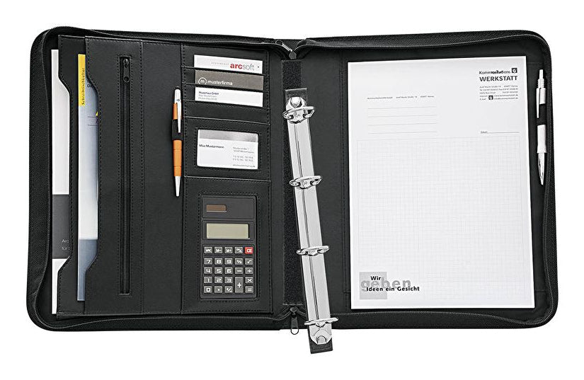 Wedo Konferenzmappe College, für A4, 4 Ringe (Ø 34 mm, Füllhöhe 31 mm), Reissverschluss – Leder – Schwarz