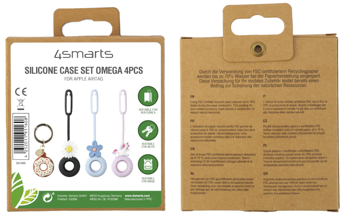 4smarts AirTag Silikonhülle – Spezialzubehör – für Apple AirTag – 4er Pack, Schwarz, Cognac, Hellblau, Rose