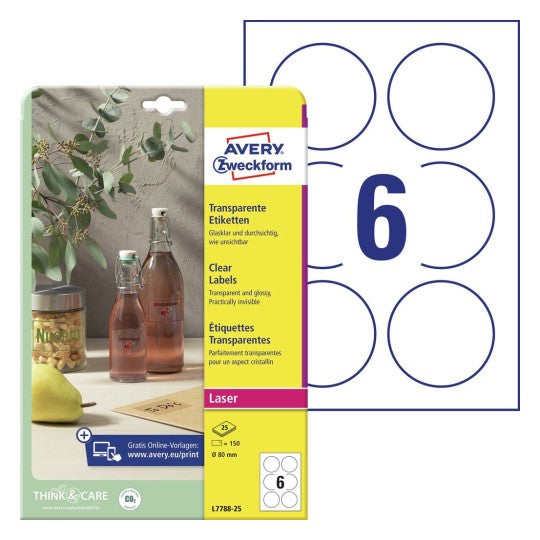 Avery Folienetiketten, Ø 80 mm, Transparent, Folie, Permanent