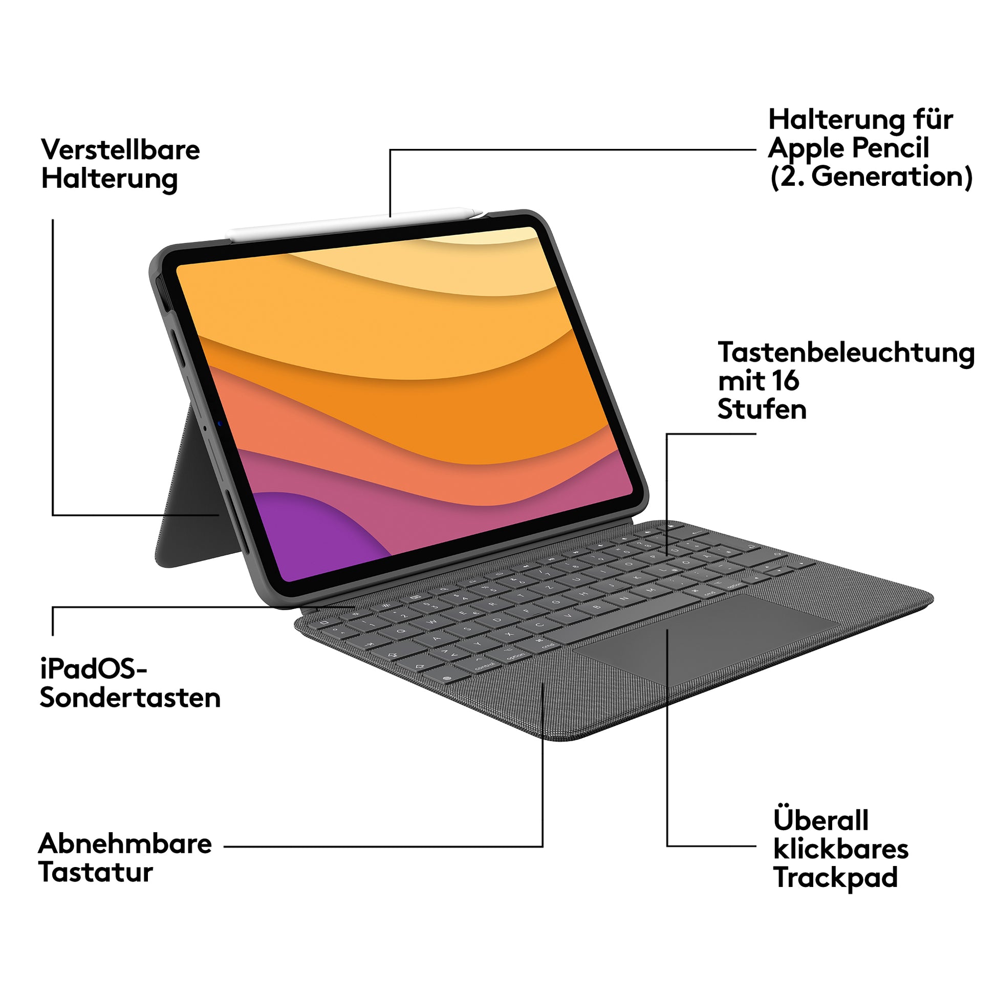 Logitech Combo Touch – Tastatur, UK-Layout (EN), mit Touchpad, Grau – für iPad Air (4. Generation)