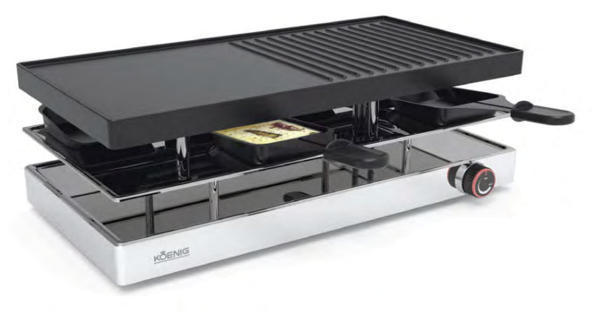 Koenig Raclette-Grill Elegance B02247 – 8 Personen, 1200 W, Grillplatte 41×20 cm – schwarz/edelstahl