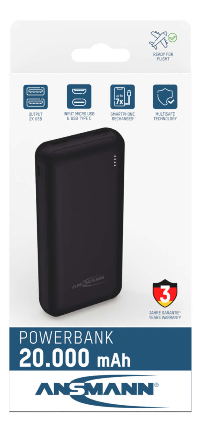 Ansmann Powerbank 20'000 mAh – 2× USB-A, schwarz
