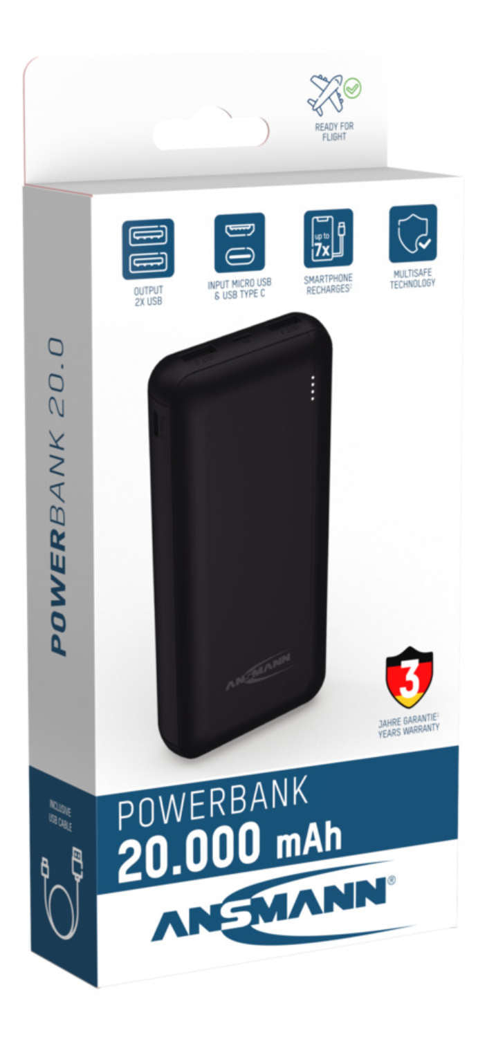Ansmann Powerbank 20'000 mAh – 2× USB-A, schwarz