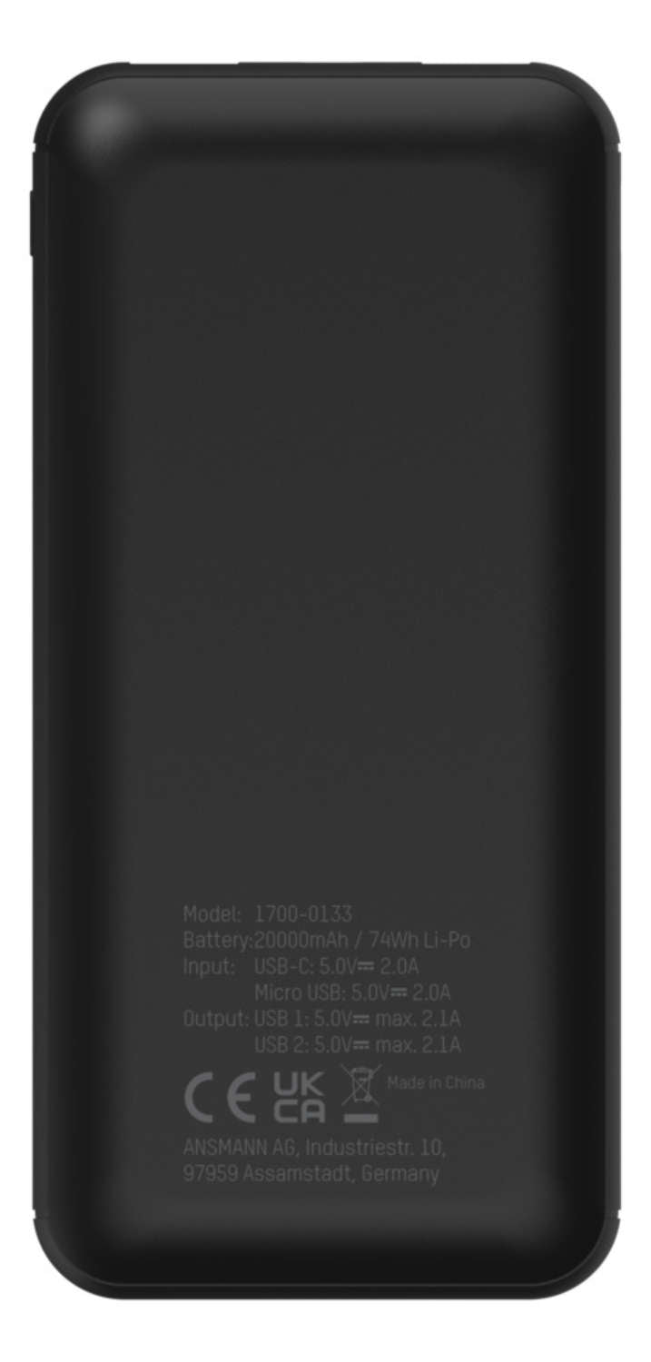 Ansmann Powerbank 20'000 mAh – 2× USB-A, schwarz
