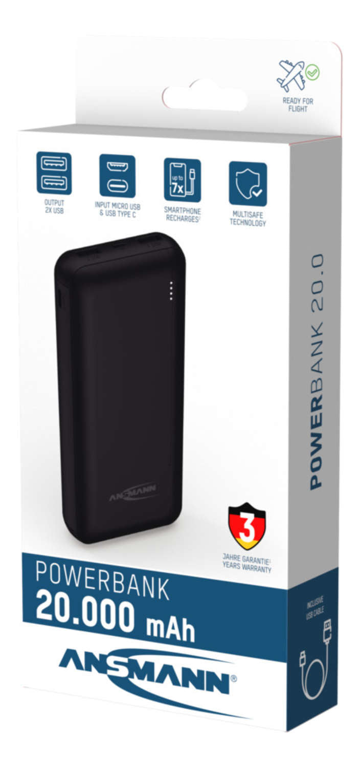 Ansmann Powerbank 20'000 mAh – 2× USB-A, schwarz