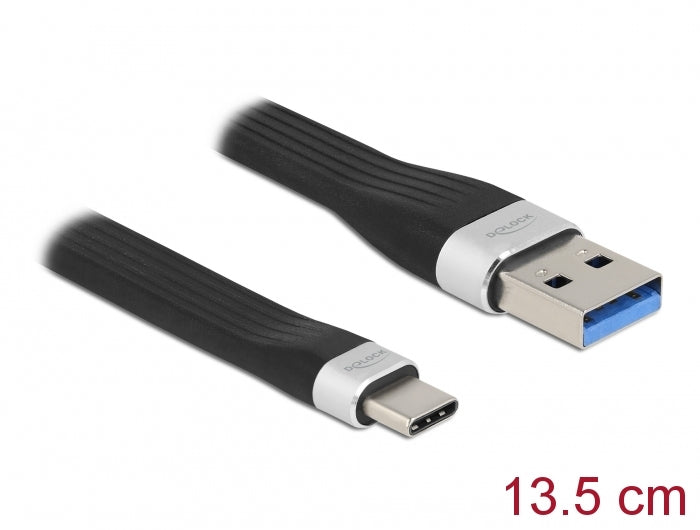 DeLOCK USB-A auf USB-C Kabel – USB 3.2 Gen 1 (5 Gbit/s) – 0,135 m – Flachbandkabel – Schwarz