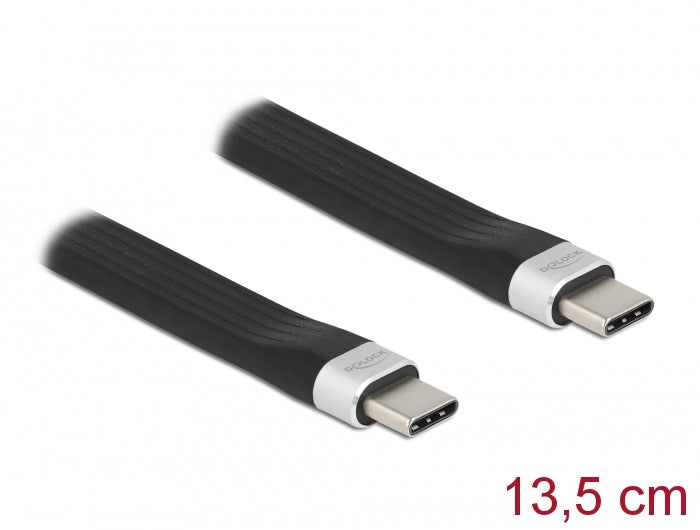 DeLOCK USB-C auf USB-C Kabel – USB 3.2 Gen 2 (10 Gbit/s) – 0,135 m – Flachbandkabel, E-Marker – Schwarz/Silber