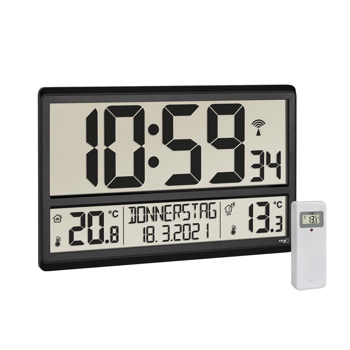 TFA-Dostmann TFA Dostmann Wanduhr – Digital, Funk, Thermometer, lautlos, 36 × 23,5 × 2,8 cm, schwarz, Kunststoff