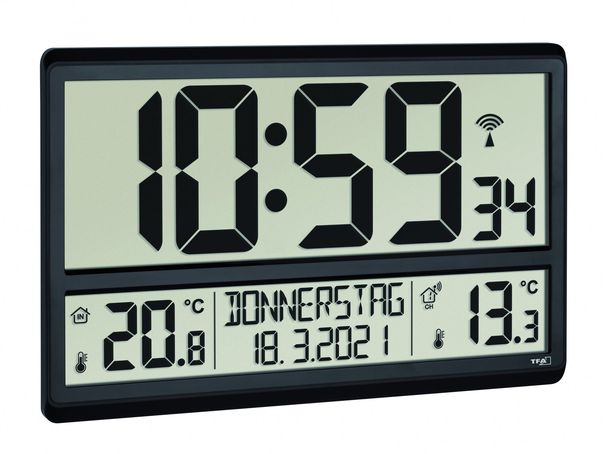 TFA-Dostmann TFA Dostmann Wanduhr – Digital, Funk, Thermometer, lautlos, 36 × 23,5 × 2,8 cm, schwarz, Kunststoff