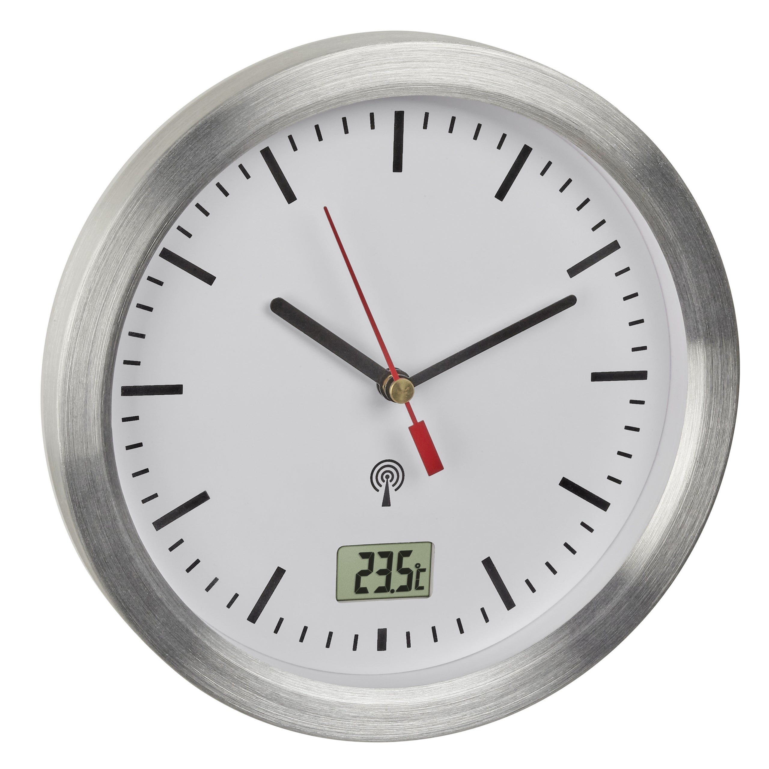 TFA-Dostmann TFA Dostmann Wanduhr – Funk, analog, Thermometer, Ø 17,3 cm, Silber, Aluminium/Glas