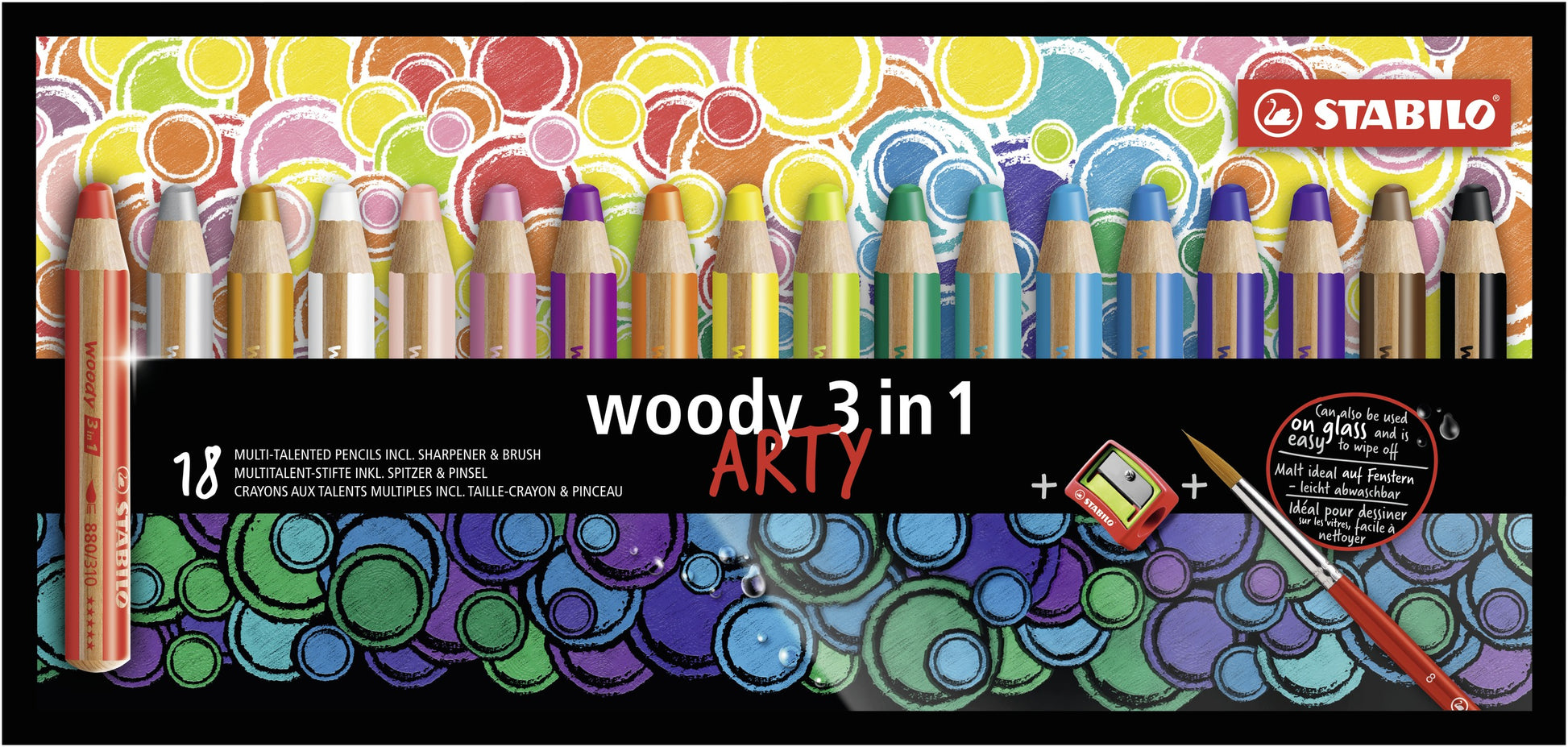 STABILO 3-in-1 Farbstifte Arty – 18 Farben, mit Spitzer und Pinsel, Ø 4,2 mm, PEFC