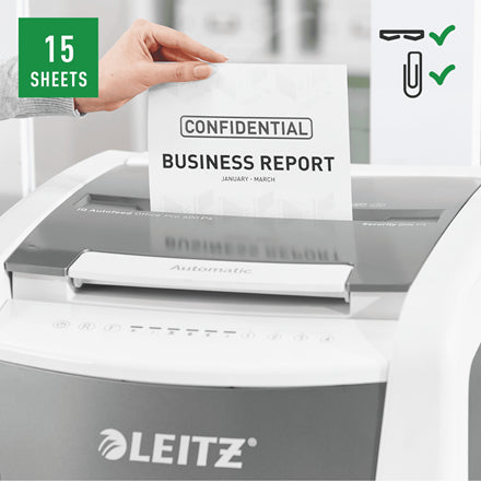 Leitz Aktenvernichter mit Autofeed 600 Blatt, DIN P-4, Partikelschnitt 4 × 36 mm, 15 Blatt, 110 l