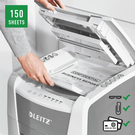 Leitz IQ AutoFeed OfficePro – Aktenvernichter mit Autofeed 150 Blatt, DIN P-5, Mikroschnitt 2 × 15 mm, 44 l