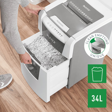 Leitz Aktenvernichter mit Autofeed 100 Blatt, DIN P-4, Partikelschnitt 4 × 30 mm, 8 Blatt, 34 l