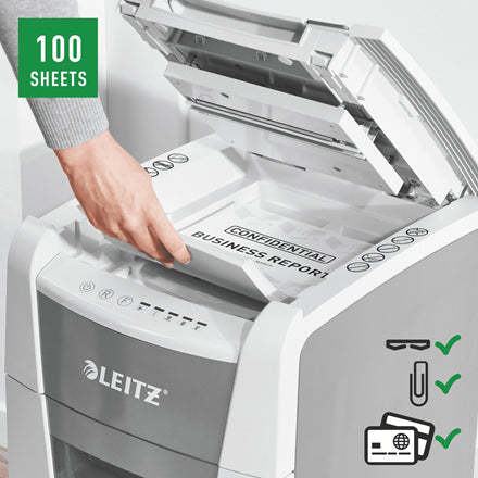 Leitz IQ AutoFeed OfficePro 100 – Aktenvernichter mit Autofeed 100 Blatt, DIN P-5, Mikroschnitt 2 × 15 mm, 34