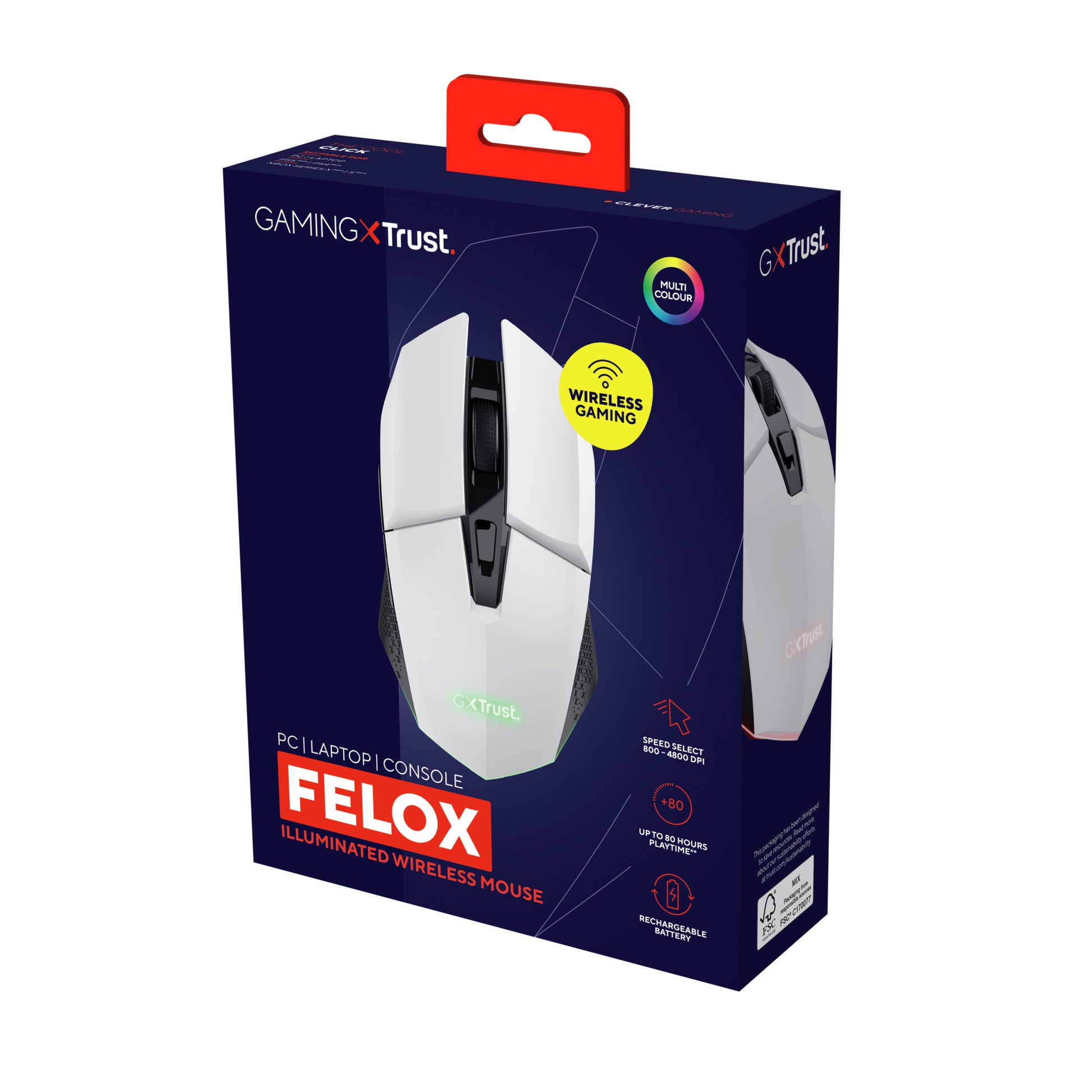 Trust GXT 110 Felox – Gaming-Maus – Kabellos (2,4 GHz), 4800 DPI, RGB-Beleuchtung, rechts, Weiss
