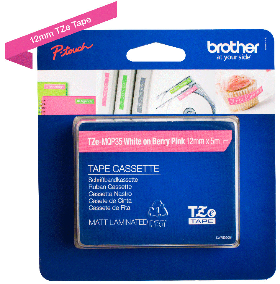 Brother Schriftband – 12 mm × 5 m, pink, weiss, TZe