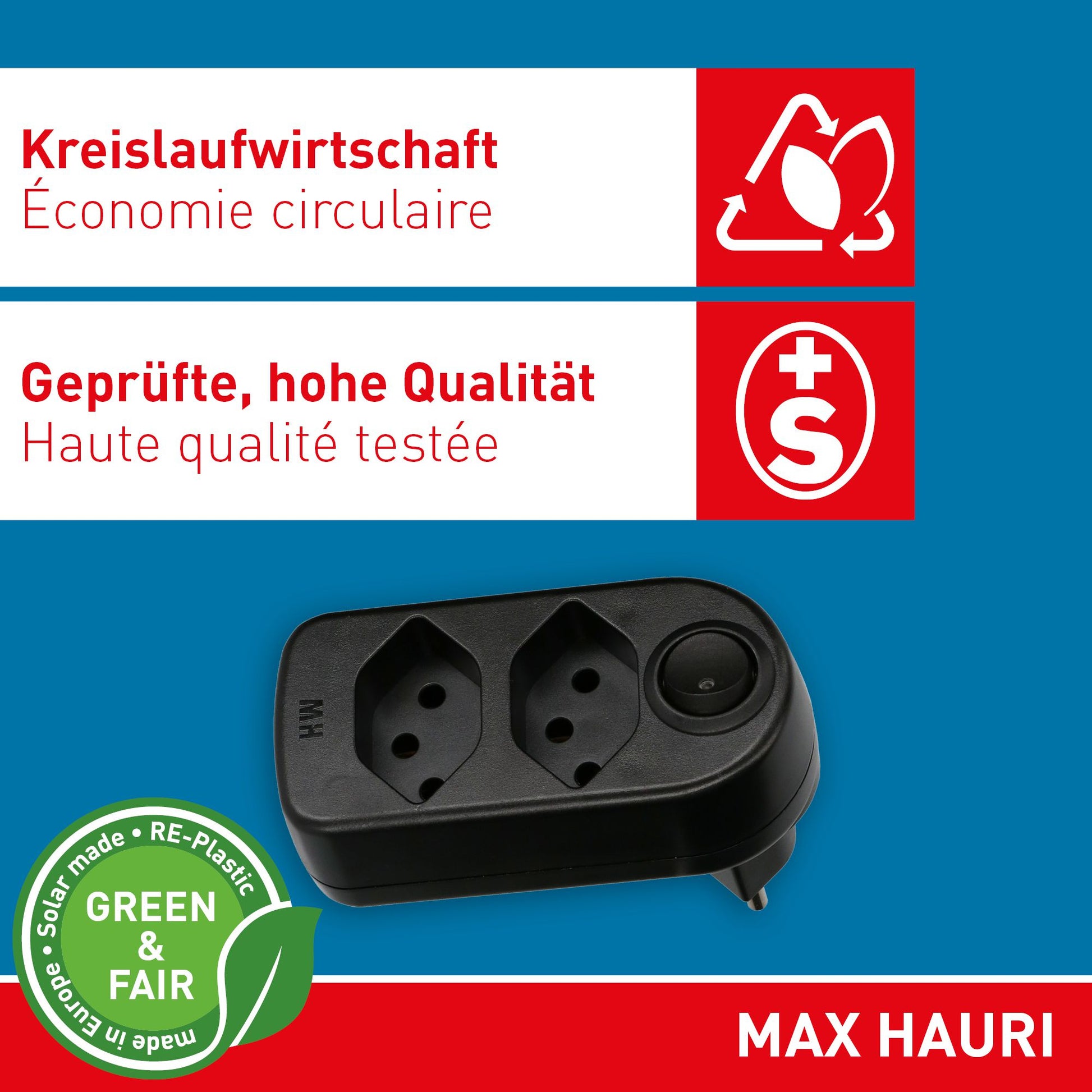 Max Hauri AG Max Hauri ADAPT Abzweigstecker – 2×T13, abgewinkelt, Schalter, T12-Stecker, 10 A/2300 W