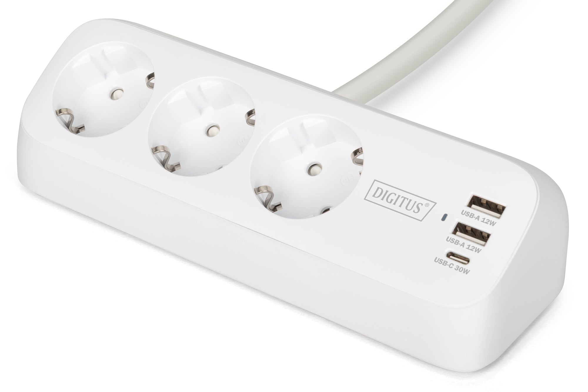 Digitus Steckdosenleiste mit USB EU-Stecker (Typ E/F) 3× – USB-C×1, USB-A×2 – 1,5 m – Weiss