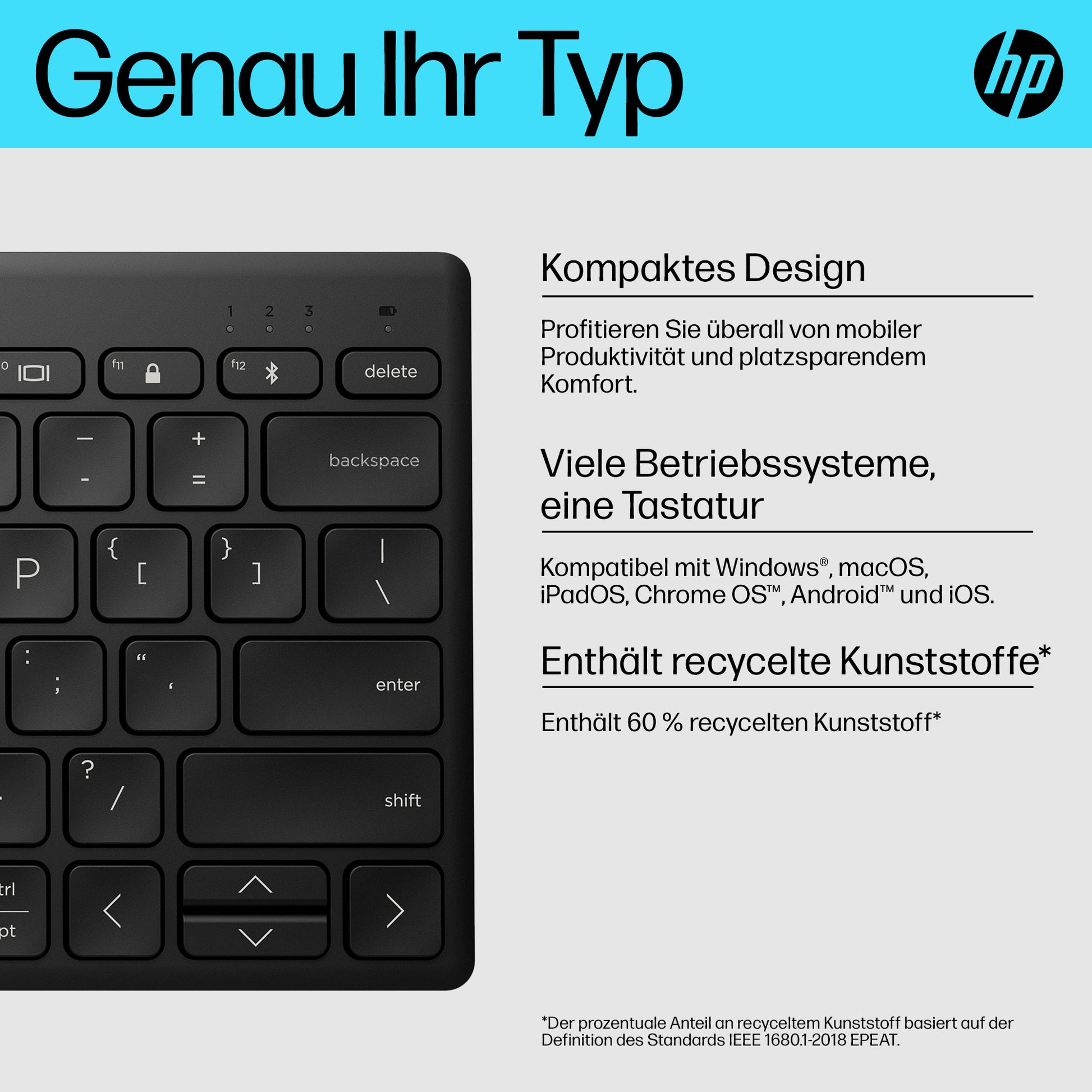 HP 355 Compact – Tastatur, Mini (60%), Mechanisch, Bluetooth 5.2, Ohne Ziffernblock, Schwarz