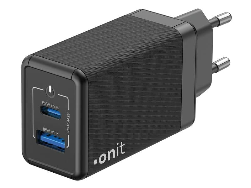 ONIT F01432 USB-Wandladegerät 65 W – USB-C×1, USB-A×1 – PD 3.1, PPS, GaN – EU-Stecker (Typ C) – Schwarz