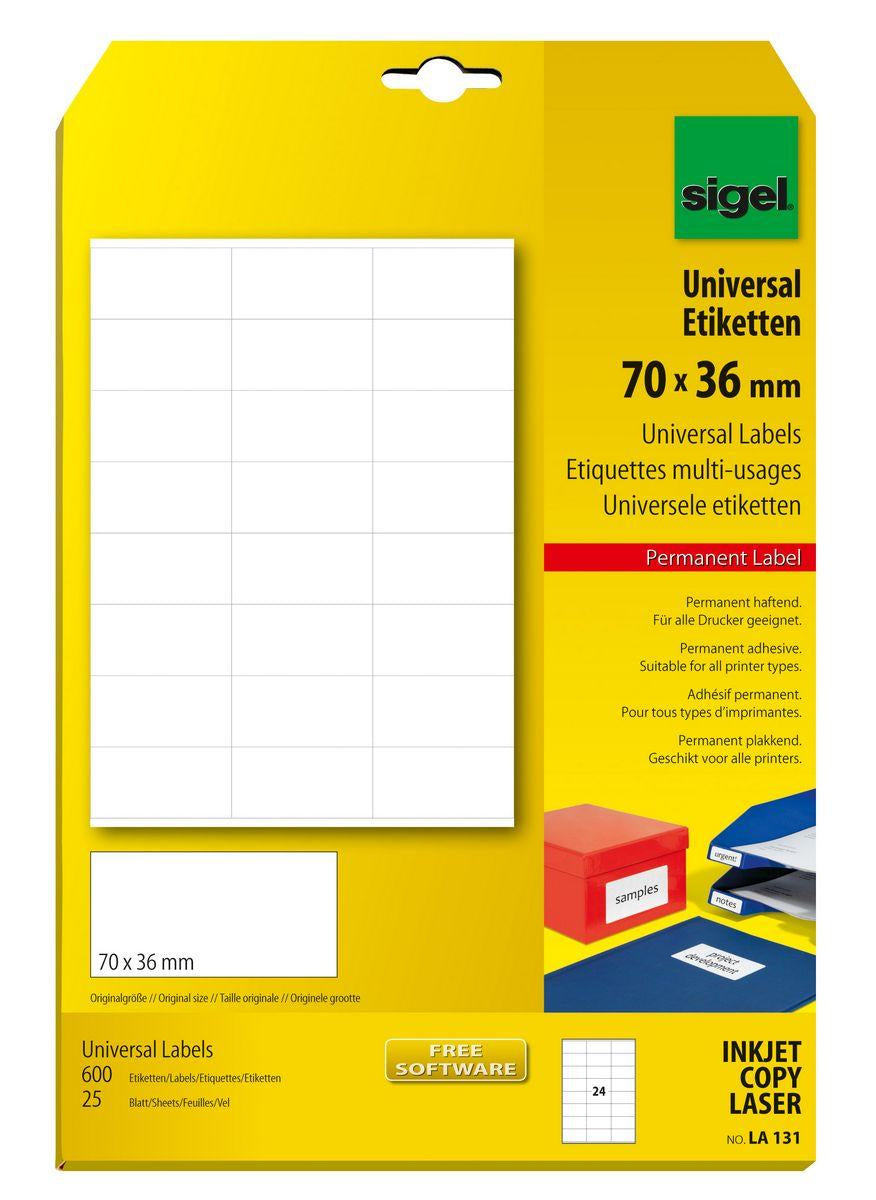 Sigel LA131 – Etiketten A4 70 × 36 mm – Papier, weiss – permanent haftend – Laser – 24 pro Blatt, 25 Blätter