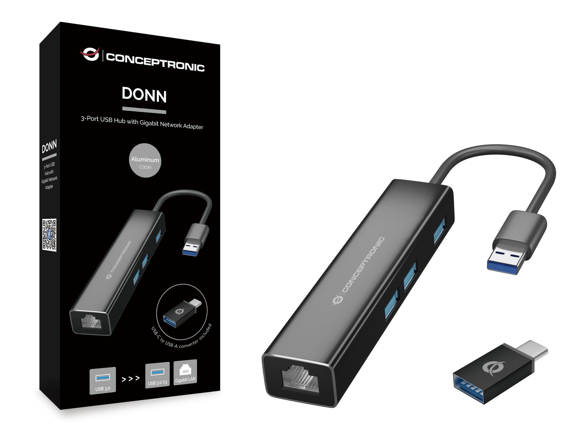 Conceptronic DONN07BA USB-Hub – USB-A, 3× USB-A, GbE, für Windows/Mac/Android