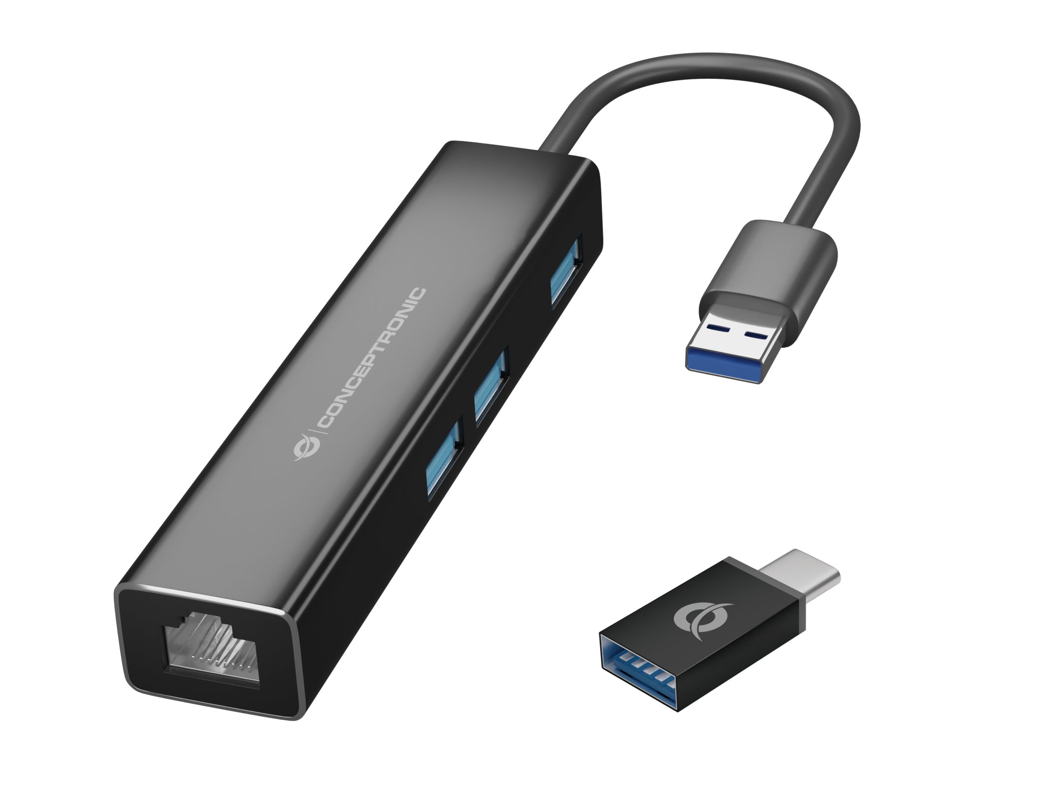 Conceptronic DONN07BA USB-Hub – USB-A, 3× USB-A, GbE, für Windows/Mac/Android